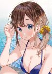  1girl adjusting_hair bare_shoulders bikini blue_bikini blue_eyes blush braid breasts brown_hair closed_mouth collarbone commentary earrings hanako151 hand_up highres jewelry looking_at_viewer medium_breasts medium_hair original scrunchie solo swimsuit tied_hair water 