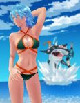  1boy 2girls absurdres armpits bikini blue_hair blurry blurry_background breasts cleavage collarbone criss-cross_halter earrings green_bikini halterneck hand_in_hair highres jewelry looking_to_the_side medium_breasts multiple_girls naomig navel ocean original purple_eyes shiny shiny_hair shiny_skin short_hair solo_focus standing swimsuit tan twitter_username 