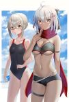  2girls absurdres ahoge arm_behind_back artoria_pendragon_(all) bangs bikini black_bikini black_bow black_swimsuit blush bow braid breasts collarbone cowboy_shot crown_braid eyebrows_visible_through_hair fate/grand_order fate_(series) glasses hair_between_eyes hair_bow hair_ribbon highres looking_at_viewer medium_breasts medium_hair multiple_girls mysterious_heroine_x_(alter) okita_souji_(alter)_(fate) okita_souji_(fate)_(all) outdoors ramune red_ribbon red_scarf ribbon scarf semi-rimless_eyewear shiny shiny_hair short_hair sidelocks silver_hair standing swimsuit thigh_strap tsukise_miwa under-rim_eyewear underboob yellow_eyes 