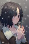  1girl 7aehyun amagami black_eyes black_hair blush brown_coat coat collarbone fur-trimmed_coat fur-trimmed_sleeves fur_trim hair_tubes highres long_sleeves looking_at_viewer open_mouth outdoors shiny shiny_hair short_hair snowing solo tanamachi_kaoru upper_body 