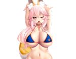  animal_ears bikini breasts cat_smile cleavage erect_nipples fang fate/grand_order fate_(series) foxgirl kashima_mashino long_hair pink_hair ponytail swimsuit tail tamamo_no_mae_(fate) underboob undressing wet white wink yellow_eyes 