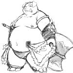  1:1 2013 anthro belly chiro_(artist) clothed clothing domestic_pig kemono male mammal monochrome moobs nipples overweight overweight_anthro overweight_male simple_background solo suid suina sus_(pig) weapon white_background 