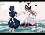  2girls akemi_homura arm_at_side beige_background bird black_capelet black_dress black_hair capelet choker circle collarbone commentary_request covered_face crow dress faceless faceless_female facing_away flat_chest frilled_dress frills gloves hair_ribbon homulilly kaname_madoka layered_dress legs_apart letterboxed long_dress long_hair mahou_shoujo_madoka_magica mahou_shoujo_madoka_magica_movie multiple_girls ocean outstretched_arm pc_(z_yu) pink_hair pink_legwear profile ribbon ripples see-through shiny shiny_hair short_sleeves simple_background sparkle standing straight_hair thighhighs two_side_up ultimate_madoka very_long_hair wading water waves white_choker white_dress white_gloves white_neckwear white_ribbon wide_sleeves wrist_grab zettai_ryouiki 
