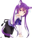  1girl all_fours animal_ear_fluff animal_ears arm_support bangs black_skirt blush cat_ears cat_tail closed_mouth collared_shirt eyebrows_visible_through_hair floating_hair gochuumon_wa_usagi_desu_ka? hair_between_eyes highres kemonomimi_mode long_hair long_skirt long_sleeves looking_past_viewer naonao_(sherry) paw_pose purple_eyes purple_hair purple_neckwear purple_vest rabbit_house_uniform shiny shiny_hair shirt signature simple_background skirt solo tail tedeza_rize very_long_hair vest white_background white_shirt wing_collar 