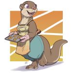  1:1 anthro apron baking baking_tray barefoot clothed clothing cookie ear_piercing female food handwear hi_res looking_away louart lutrine mammal mustelid oven_mitts piercing purple_eyes smile solo whiskers 