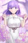  1girl 5month7day absurdres bangs black_ribbon blurry blurry_background blurry_foreground blush closed_mouth collared_dress cowboy_shot dress eyebrows_visible_through_hair fate/stay_night fate_(series) floating_hair flower highres long_hair looking_at_viewer matou_sakura pink_flower purple_eyes purple_hair rei_no_himo ribbon shiny shiny_hair short_sleeves smile solo standing sundress white_dress wing_collar 