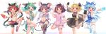  6+girls absurdres ahoge animal_ears ass bangs bell bike_shorts black_dress black_legwear black_ribbon blonde_hair blue_bow blue_dress blue_eyes blue_hair bow brown_hair bunny_ears bunny_girl bunny_tail carrot_necklace cat_ears cat_girl cat_tail chen china_dress chinese_clothes cirno crystal crystal_earrings dress earrings fairy_wings fang fangs food green_bow green_dress green_eyes green_hair grey_hair hair_bow hair_ribbon hat highres ibaraki_natou inaba_tewi jewelry jingle_bell kasodani_kyouko leg_garter leg_up looking_at_viewer looking_away mouse_ears mouse_tail multiple_girls navel nazrin necklace nekomata open_mouth panties pink_dress popsicle red_bow red_eyes ribbon ribbon_trim rumia shoes short_hair side-tie_panties side_slit simple_background smile tail thighhighs touhou underwear watermelon_bar white_background white_legwear wings yellow_bow 