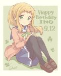  1girl artist_name black_legwear blonde_hair blue_skirt braid brown_footwear dated green_eyes green_ribbon happy_birthday inose_mai jacket koisuru_asteroid long_hair pantyhose quro_(black_river) ribbon school_uniform serafuku sidelocks signature sitting skirt smile 