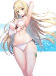  1girl arm_up armpits bangs bikini blonde_hair blush breasts choker detached_sleeves hair_ornament highres large_breasts long_hair looking_at_viewer mythra_(xenoblade) navel open_mouth ririko_(zhuoyandesailaer) simple_background swept_bangs swimsuit thigh_strap thighs white_bikini xenoblade_chronicles_(series) xenoblade_chronicles_2 yellow_eyes 