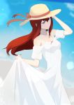  1girl absurdres bangs breasts closed_mouth collarbone day dress eyebrows_visible_through_hair floating_hair hair_between_eyes half-closed_eyes hat hat_ribbon highres long_dress long_hair makise_kurisu off-shoulder_dress off_shoulder outdoors pink_ribbon red_hair ribbon skirt_hold small_breasts smile solo steins;gate straight_hair sun_hat sundress tayutau0a0 very_long_hair white_dress white_headwear 