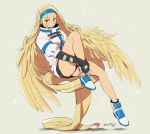  1girl absurdly_long_hair asaya_minoru bangs black_gloves black_panties blonde_hair blue_eyes blue_hairband boots breasts brown_wings elbow_gloves eyebrows_visible_through_hair feathered_wings fingerless_gloves full_body gloves grey_background guilty_gear guilty_gear_xrd hair_chair hairband jacket knee_up long_hair millia_rage panties prehensile_hair puffy_short_sleeves puffy_sleeves short_sleeves sitting sitting_on_hair small_breasts solo twitter_username underwear very_long_hair white_footwear white_jacket wings 