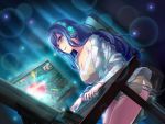  1girl blue_hair breasts cleavage computer game_cg headphones keyboard_(computer) kochou_shizuha mmorpg monitor night pajamas playing_games purple_eyes reflective_eyes serious shaded_face shorts shoujo_kageki_revue_starlight_-re_live- sparkle speaker table tablet_pc wavy_hair 