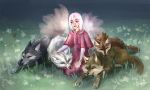  5:3 canid canine canis cheza clothing cuddling domestic_dog female fennefox feral flower fur grey_body grey_fur group hi_res hige_(wolf&#039;s_rain) human kiba_(wolf&#039;s_rain) lying male mammal meadow pat pet petting plant red_clothing sleeping toboe_(wolf&#039;s_rain) tsume_(wolf&#039;s_rain) white_body white_fur wolf wolf&#039;s_rain 