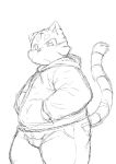  2013 anthro bottomwear chiro_(artist) clothing felid hoodie kemono male mammal monochrome overweight overweight_anthro overweight_male pantherine pants simple_background solo tiger topwear white_background 