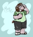  2020 4_toes anthro biped black_eyes bottomwear brown_hair brown_tail character_name clothed clothing common_hippopotamus danji-isthmus digital_media_(artwork) eyewear female footwear front_view fully_clothed glasses green_clothing green_shirt green_topwear grey_body grey_bottomwear grey_clothing grey_shorts grey_skin hair hi_res hippopotamid long_hair looking_at_viewer mammal model_sheet nerd sandals shirt shorts simple_background solo standing toes topwear 