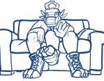  absurd_res anthro clothing dexthedragon dragon foot_focus footwear furniture hi_res horn male multi_leg multi_limb shoes sitting sofa solo thick_tail 