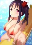  :o absurdres arm_support banana_boat bangs bare_arms bare_shoulders between_legs bikini breasts cleavage collarbone flower hair_flower hair_ornament halterneck hand_between_legs hibiscus highres in_water kazehana_(spica) kazuno_sarah large_breasts light_blush looking_at_viewer love_live! love_live!_sunshine!! open_mouth outdoors parted_bangs purple_eyes purple_hair red_bikini red_flower red_swimsuit side_ponytail sidelocks sitting solo sparkle swimsuit thick_thighs thighs water 