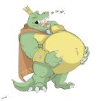  2020 anthro belly big_belly canson cape claws clothing crocodilian crown donkey_kong_(series) fangs green_body green_skin hands_on_belly hi_res jewelry king_k._rool kremling laugh male navel nintendo outie_navel overweight overweight_anthro overweight_male plantigrade reptile scalie sharp_teeth solo teeth video_games yellow_body yellow_skin 