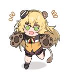  1girl animal_ears aogisa blonde_hair blush chibi eyebrows_visible_through_hair girls_frontline green_eyes grey_skirt hair_ornament italian_flag_neckwear jacket lion_ears lion_paws lion_tail long_hair looking_at_viewer neck_ribbon open_mouth paw_pose ribbon s.a.t.8_(girls_frontline) skirt solo tail white_background 