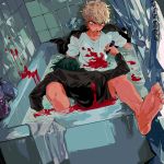  2boys barefoot bathroom bathtub battle bleeding blonde_hair blood bloody_clothes bloody_weapon collarbone dripping fingernails green_hair grey_eyes highres holding holding_knife holding_weapon indoors jaemin107 knife looking_at_another male_focus multiple_boys murder open_mouth original partially_submerged shampoo_bottle shower_curtain stabbed teeth tile_wall tiles tongue towel water weapon wet 