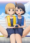  2girls :d bangs black_hair blonde_hair blue_eyes blunt_bangs blush brown_eyes collarbone commentary_request fang hand_on_another&#039;s_shoulder hand_on_another&#039;s_waist hands_together highres hodaka_natsumi houkago_teibou_nisshi multiple_girls one-piece_swimsuit open_mouth school_swimsuit short_hair sitting smile spread_legs swimsuit tooo tsurugi_hina 