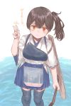  1girl apron az_toride black_hair black_legwear blue_hakama commentary_request feet_out_of_frame flight_deck hakama hakama_skirt highres japanese_clothes kaga_(kantai_collection) kantai_collection long_hair looking_at_viewer muneate orange_eyes side_ponytail simple_background smile solo standing tasuki thighhighs v white_background yumi_(bow) 