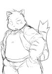  2014 anthro belly bottomwear chiro_(artist) clothing felid feline kemono male mammal monochrome overweight overweight_anthro overweight_male pants shirt simple_background solo topwear white_background 