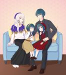  absurdres beret byleth_(fire_emblem) byleth_(fire_emblem)_(male) child cookie couple dress eating family fire_emblem fire_emblem:_three_houses food hair_ornament hat headband hetero highres if_they_mated long_hair long_sleeves lysithea_von_ordelia sitting smile surprised user_vedz4327 white_hair 