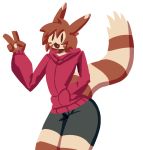  aliasing anthro bottomwear brown_hair clothed clothing dakuterooty fur furret gesture girly hair hoodie lineless male multicolored_body nintendo pok&eacute;mon pok&eacute;mon_(species) shorts simple_background solo striped_body striped_fur striped_tail stripes topwear two_tone_body v_sign video_games white_background 