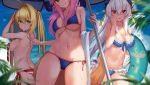  3girls ahoge ass beach_umbrella bikini blonde_hair blue_bikini blue_sky blurry blurry_background blurry_foreground breasts bright_pupils butt_crack cleavage closed_mouth cowboy_shot day depth_of_field fang fang_out fate/grand_order fate_(series) fox_tail frilled_bikini frills from_below green_eyes hair_intakes hand_to_own_mouth highres horns innertube kiyohime_(fate/grand_order) kiyohime_(swimsuit_lancer)_(fate) large_breasts multiple_girls navel nero_claudius_(fate)_(all) nero_claudius_(swimsuit_caster)_(fate) ninsaki_(9saki) outdoors pink_hair red_eyes side-tie_bikini sideboob sidelocks skin_fang sky stitched striped striped_bikini swimsuit tail tamamo_(fate)_(all) tamamo_no_mae_(swimsuit_lancer)_(fate) thighs third-party_edit umbrella untied untied_bikini wet white_hair yellow_eyes 