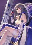  1girl alcohol armpit_crease azur_lane bare_shoulders breasts chair choker cleavage crossed_legs cup dress drinking_glass elbow_gloves fingerless_gloves gloves grey_hair hair_ornament hand_up highres holding itaco large_breasts leg_garter long_hair looking_at_viewer mole mole_under_eye red_eyes ribbon_choker saint-louis_(azur_lane) saint-louis_(brilliant_paladin)_(azur_lane) sitting sleeveless sleeveless_dress smile solo spaghetti_strap strap_gap thighs white_dress white_gloves wine wine_glass 