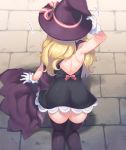  1girl all_fours arm_support arm_up ass ass_focus back backless_dress backless_outfit black_dress black_legwear blonde_hair bow brick_floor cape commentary_request dress facing_away from_above from_behind gloves hand_on_headwear hat highres holding holding_clothes holding_hat little_witch_nobeta long_hair maki_(natoriumu) nobeta purple_cape purple_headwear solo thighhighs thighs very_long_hair white_gloves witch_hat 