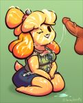  animal_crossing anthro balls black_eyes blonde_hair bodily_fluids bottomwear breasts bukkake buoy_boots canid canine canis clothing cum cum_in_hair cum_on_breasts cum_on_chest cum_on_clothing cum_on_face cum_on_leg disembodied_penis domestic_dog female genital_fluids genitals green_background hair hi_res humanoid_genitalia humanoid_penis isabelle_(animal_crossing) kneeling male mammal nintendo penis shih_tzu simple_background skirt solo_focus sweater_vest tongue tongue_out topwear toy_dog vest video_games wide_hips yellow_body 