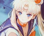  1girl bangs bishoujo_senshi_sailor_moon blue_eyes breasts choker cleavage commentary crescent crescent_earrings derivative_work earrings english_commentary heart heart_choker jewelry long_hair looking_at_viewer magical_girl parted_bangs platinum_blonde_hair red_choker sailor_moon sailor_moon_redraw_challenge sailor_senshi_uniform screencap_redraw shan_gui_yu_yao short_sleeves solo tsukino_usagi twintails upper_body 