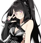  1girl aogisa architect_(girls_frontline) black_dress black_gloves black_hair blush breasts cleavage dress elbow_gloves eyebrows_visible_through_hair girls_frontline gloves hair_ornament hand_up highres long_hair looking_at_viewer nail_polish purple_eyes sangvis_ferri small_breasts smile solo white_background 