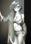  1girl asymmetrical_hair bangs bra braid breasts collarbone commission contrapposto cowboy_shot english_commentary french_braid glasses greyscale hair_over_shoulder highres large_breasts long_hair long_sleeves looking_at_viewer lulu-chan92 monochrome navel off_shoulder open_clothes open_robe original panties pink_lips robe seductive_smile single_bare_shoulder smile solo spot_color stomach thighs twitter_username underwear 