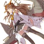  1girl ahoge alchera boots brown_hair detached_sleeves double_bun dutch_angle feet_out_of_frame grey_skirt hairband hakama_skirt headgear kantai_collection kongou_(kantai_collection) long_hair looking_to_the_side machinery popped_collar remodel_(kantai_collection) ribbon-trimmed_sleeves ribbon_trim simple_background skirt solo standing thigh_boots thighhighs white_background 