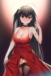  1girl absurdres ahoge azur_lane bangs bare_shoulders black_hair black_legwear black_panties blush breasts choker cleavage cocktail_dress collarbone commentary_request cowboy_shot cup dress drinking_glass eyebrows_visible_through_hair hair_between_eyes hair_ornament highres large_breasts light_particles long_hair looking_at_viewer nose_blush one_side_up open_mouth panties parted_lips red_choker red_dress red_eyes skirt_hold smile solo standing taihou_(azur_lane) taihou_(forbidden_feast)_(azur_lane) thighhighs tming underwear very_long_hair 