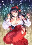  1girl :o absurdres arms_up bangs black_hair blunt_bangs blunt_ends blush breasts cleavage collarbone detached_sleeves feet_out_of_frame hair_ribbon hakama hakama_skirt highres japanese_clothes large_breasts long_hair looking_at_viewer lying miko on_back open_clothes open_mouth open_shirt original paint_splatter purple_eyes raymon red_hakama ribbon shirt sidelocks solo white_shirt wooden_floor 