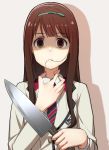  blazer brown_eyes brown_hair eating_hair empty_eyes hairband holding holding_knife idolmaster idolmaster_million_live! jacket knife necktie suzuki_puramo tanaka_kotoha uniform yandere 