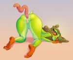  amphibian anal anal_penetration anal_vore anthro ass_up big_butt blue_background brown_hair buoy_boots butt duo female frog genitals gradient_background green_body hair living_insertion looking_back nude orange_background penetration pink_body pussy red_eyes simple_background thick_thighs vore worm 