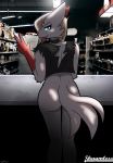  anthro behind_the_counter bottomless butt choker clothed clothing damaged_clothing dunewulff female hi_res jewelry necklace nintendo peace_symbol pok&eacute;mon pok&eacute;mon_(species) solo store tongue tongue_out video_games zangoose 
