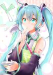  1girl akino_coto apron aqua_eyes aqua_hair bandaid bandaid_on_finger bandaid_on_hand bangs blush cooking detached_sleeves facing_viewer finger_to_mouth hatsune_miku ladle long_hair necktie solo spring_onion tattoo twintails vocaloid 