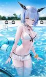  1girl azur_lane bangs bare_shoulders bikini blue_hair breasts choker cleavage collarbone cross cross_necklace day flower gascogne_(azur_lane) gascogne_(beach_adaptive_armor)_(azur_lane) hair_flower hair_ornament headgear highres jewelry looking_at_viewer medium_breasts navel necklace outdoors pool short_hair solo swimsuit wading wet white_bikini yellow_eyes yumaomi 