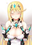  1girl absurdres bangs bare_shoulders blonde_hair breasts cleavage cleavage_cutout closed_eyes commentary_request covered_nipples daive dress earrings elbow_gloves gloves gradient gradient_background grey_background heart highres incoming_kiss jewelry large_breasts long_hair mythra_(xenoblade) solo swept_bangs tiara very_long_hair white_background white_dress white_gloves xenoblade_chronicles_(series) xenoblade_chronicles_2 yellow_eyes 