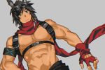  1boy abs animal_ears arknights bara bare_shoulders blue_eyes blush chest chest_harness courier_(arknights) fingerless_gloves fox_ears gloves goggles goggles_on_head grey_background harness highres male_focus muscle navel no_nipples pectorals red_scarf scarf shirtless short_hair sleeveless solo st05254 tight upper_body 