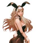  1girl animal_ears ass bangs bare_shoulders bow bowtie breast_suppress breasts brown_eyes brown_legwear bunny_day bunny_ears bunny_girl bunny_tail bunnysuit cowboy_shot detached_collar fake_animal_ears fake_tail hair_spread_out hairband large_breasts leotard lipstick long_hair looking_at_viewer makeup muraicchi_(momocchi) original pantyhose parted_lips side-tie_leotard solo strapless strapless_leotard tail untied white_background wrist_cuffs 