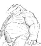  2015 anthro blush chiro_(artist) crocodile crocodilian crocodylid erection genitals kemono male monochrome moobs overweight overweight_anthro overweight_male penis reptile scalie simple_background solo white_background 