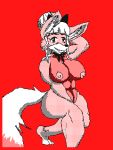  3:4 abs accessory anthro biceps big_breasts breasts canid canine cynder_the_kitsune elmo-san female fluffy fluffy_tail fox hair_accessory hair_ribbon inner_ear_fluff looking_at_viewer lunging mammal nude ribbons smile solo tuft 