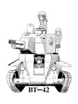  3girls aki_(girls_und_panzer) bt-42 caterpillar_tracks emblem girls_und_panzer ground_vehicle hat instrument jacket kantele keizoku_(emblem) keizoku_military_uniform ki-51_(ampullaria) long_hair mika_(girls_und_panzer) mikko_(girls_und_panzer) military military_vehicle motor_vehicle multiple_girls pompadour shirt short_hair skirt smile tank track_jacket twintails white_background 